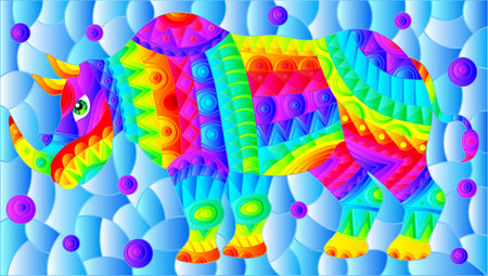 Stained glass illustration with abstract bright rhinoceros, animals on a blue background, rectangular imageのイラスト素材