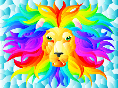 Stained glass illustration with a portrait of a lion on a blue background , rectangular imageのイラスト素材
