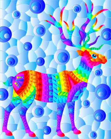 Stained glass illustration with abstract bright deer, animal on a blue background, rectangular imageの素材 [FY310202844859]