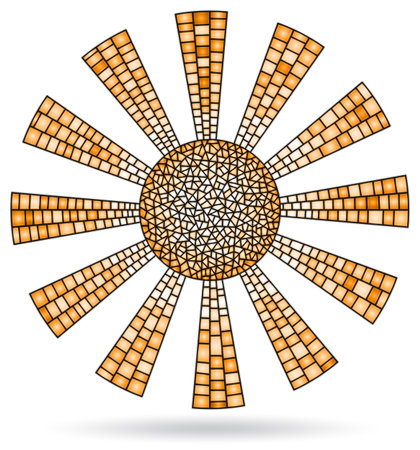 An illustration in the style of a stained glass window with an abstract sun, the sun isolated on a white background, tone brownの素材 [FY310202846019]