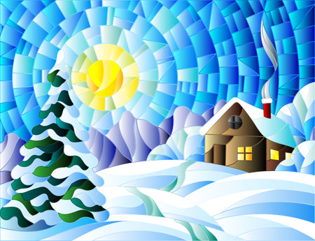Illustration in vintage style winter landscape, village house and fir-tree on a background of snow, sky and sunのイラスト素材