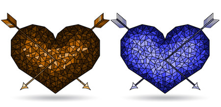 Set of illustrations in stained glass style with abstract hearts and arrows, isolated on a white background, tone blue and brownのイラスト素材