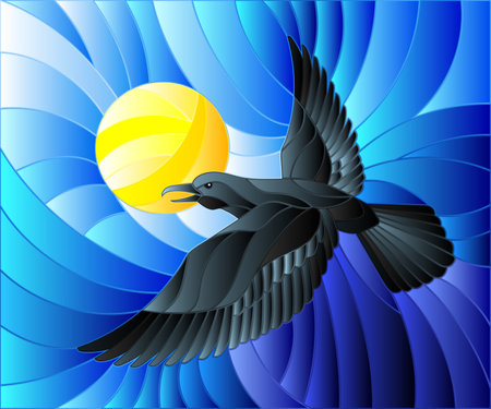 Illustration in stained glass style raven on the background of blue sky and sunのイラスト素材