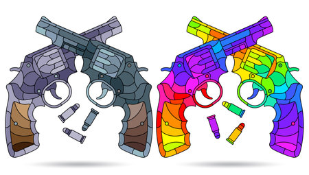 A set of illustrations in the style of stained glass with compositions of revolvers and bullets, isolated on a white backgroundのイラスト素材
