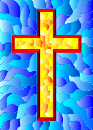 The illustration in stained glass style painting on religious themes, stained glass window in the shape of a yellow Christian cross , on a blue backgroundのイラスト素材