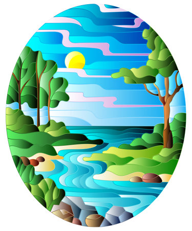 Illustration in stained glass style with a rocky Creek in the background of the Sunny sky, mountains, trees and fieldsのイラスト素材