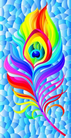 Stained glass illustration with a bright rainbow peacock feather on a blue background, rectangular imageのイラスト素材