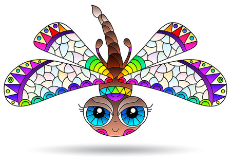 Illustration in the style of a stained glass window with dragonfly, insect isolated on a white backgroundのイラスト素材