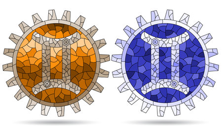Illustration in the style of a stained glass window with a set of zodiac signs gemini, figures isolated on a white background, tone blue and brownのイラスト素材