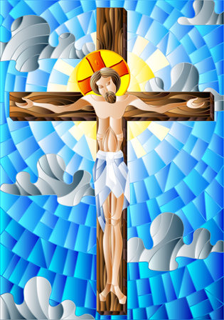 Illustration in stained glass style on the biblical theme, Jesus Christ on the cross against the cloudy sky and the sunのイラスト素材