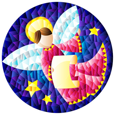 Illustration in stained glass style with an abstract angel in pink robe , round pictureのイラスト素材
