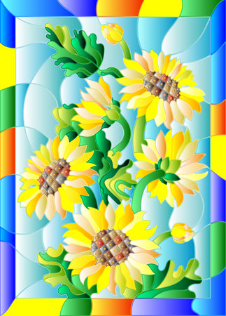 Stained glass illustration with a bouquet of abstract sunflowers on a blue background, in a bright frameのイラスト素材