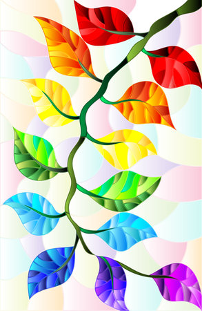 An illustration in the style of a stained glass window with bright abstract leaves on a blue sky backgroundのイラスト素材