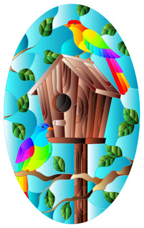 Illustration in stained glass style with a pair of bright red birds and a birdhouse on a background of tree branches and sky, oval imageのイラスト素材