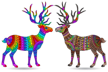 A set of contour illustrations in the style of stained glass with abstract deers, animals isolated on a white backgroundのイラスト素材