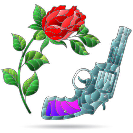 Illustrations in the style of stained glass with compositions of revolver and rose, isolated on a white backgroundのイラスト素材