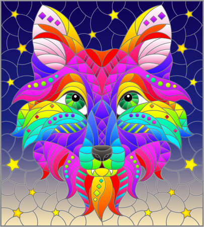 A stained glass illustration with a portrait of an abstract bright fox, an animal on a blue background, a square imageのイラスト素材