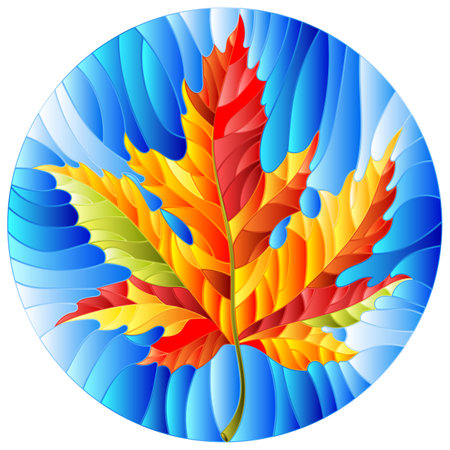 An illustration in the style of a stained glass window with an autumn maple leaf on a blue sky background, oval imageのイラスト素材
