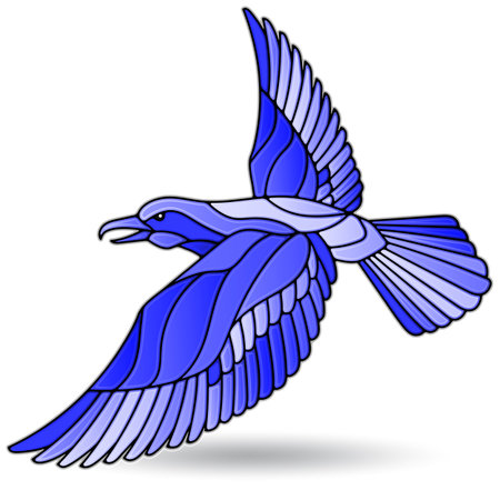 Illustration in stained glass window with Raven, isolated on white background, tone blueのイラスト素材