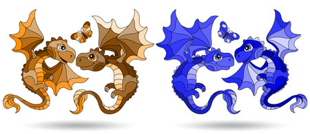 Set of illustrations in the style of stained glass with cartoon dragons, animals isolated on a white backgroundのイラスト素材