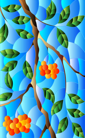 Illustration in stained glass style with a branch of mountain ash, clusters of berries and leaves against the skyのイラスト素材