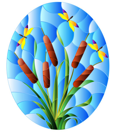 Stained glass illustration with maple reeds and dragonflies on a blue sky backgroundのイラスト素材