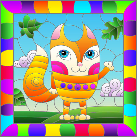 An illustration in the style of a stained glass window with bright cartoon fox on a background of blue sky and leaves in a bright frameのイラスト素材