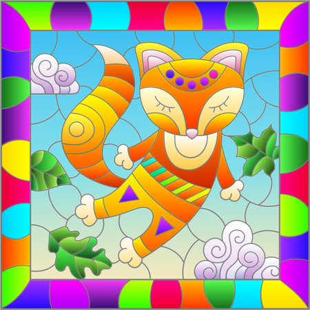 An illustration in the style of a stained glass window with bright cartoon fox on a background of blue sky and leaves in a bright frameのイラスト素材