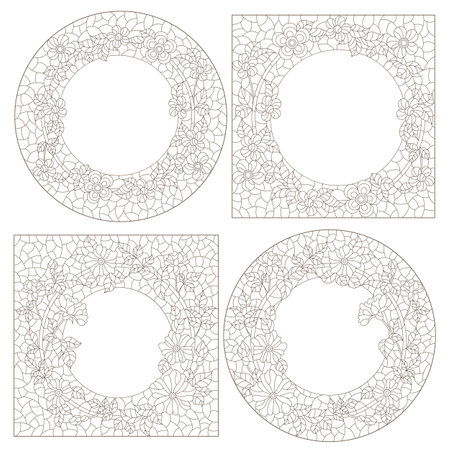 Set contour illustrations of stained glass with floral frame,dark outlines on white backgroundのイラスト素材