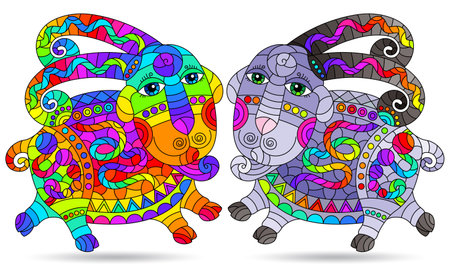A set of contour illustrations in the style of stained glass with abstract cute lambs, animals isolated on a white backgroundのイラスト素材