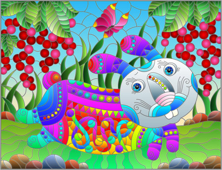 An illustration in the style of a stained glass window with a bright cartoon rabbit on a background of red currant berries, grass and blue skyのイラスト素材