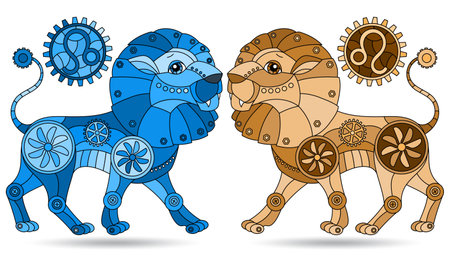 Illustration in the style of a stained glass window with a set of zodiac signs leo, figures isolated on a white background, tone blue and brownのイラスト素材