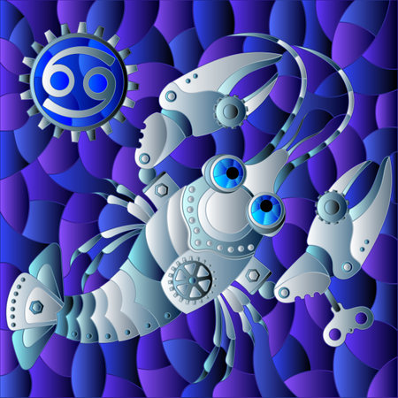 Illustration in the style of a stained glass window with an illustration of the steam punk sign of the horoscope cancerのイラスト素材