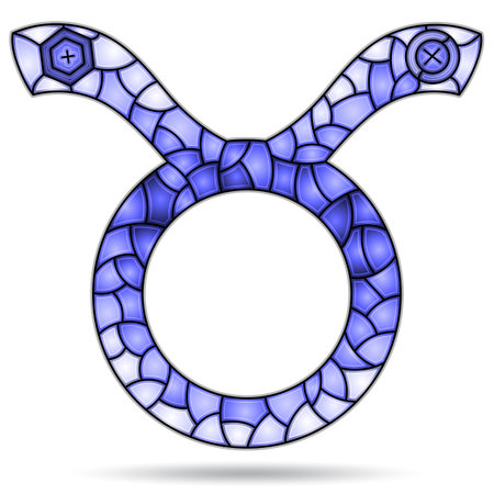 Illustration in the style of a stained glass window with the zodiac sign Taurus, the symbol is isolated on a white background, tone blueのイラスト素材