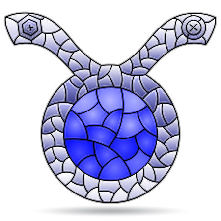Illustration in the style of a stained glass window with the zodiac sign Taurus, the symbol is isolated on a white background, tone blueのイラスト素材