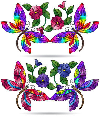 A set of stained glass illustrations with abstract dragonflies and flowers, isolated on a white backgroundのイラスト素材