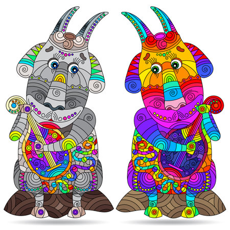 A set of illustrations in the style of stained glass with cute Goats, animals isolated on a white backgroundのイラスト素材