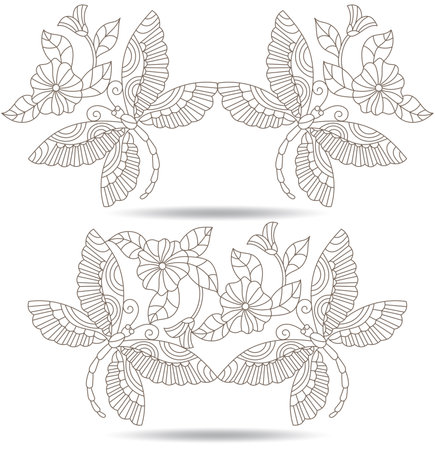 A set of contour illustrations in the style of stained glass with abstract dragonflies and flowers, dark contours on a white backgroundのイラスト素材