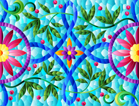 Illustration in stained glass style with abstract flowers, leaves and curls on a yellow background, rectangular horizontal imageのイラスト素材