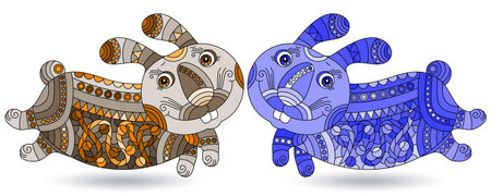 A set of illustrations in the style of stained glass with cute cartoon rabbits, animals isolated on a white background, tone blue and brownのイラスト素材