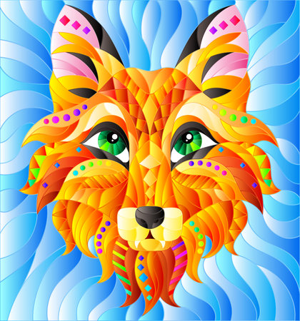 A stained glass illustration with a portrait of an abstract bright fox, an animal on a blue background, a square imageのイラスト素材