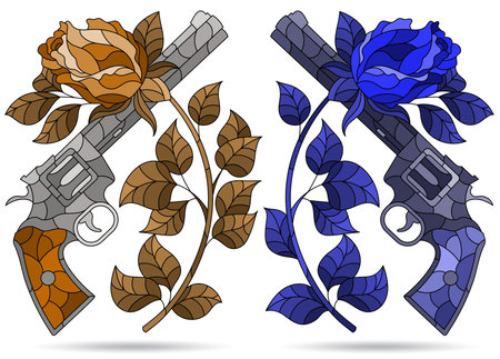 A set of illustrations in the style of stained glass with compositions of revolvers and roses, isolated on a white background, tone blue and brownのイラスト素材