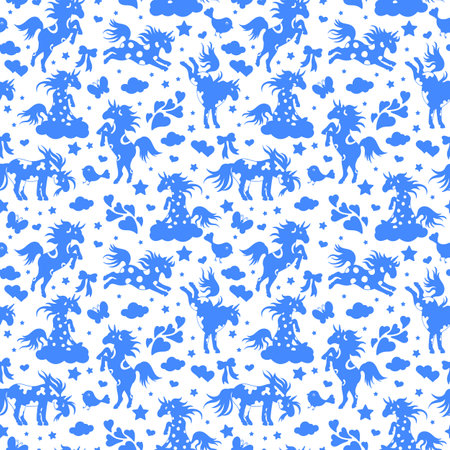 Seamless pattern with funny cartoon unicorns, hearts and stars, blue silhouette icons on a white backgroundのイラスト素材