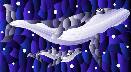An illustration in the style of a stained glass window with blue whales on a background of water and air bubblesのイラスト素材