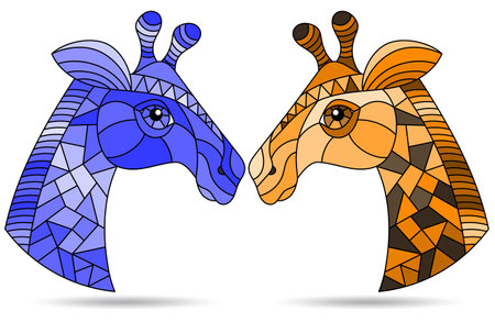 A set of illustrations in the style of stained glass with the faces of giraffes, animals isolated on a white background, tone blue and brownのイラスト素材