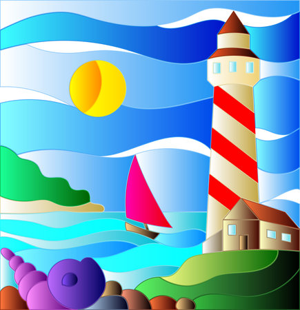Illustration in stained glass style with seascape, lighthouse and sailboat on a background of sea and Sunny skyのイラスト素材