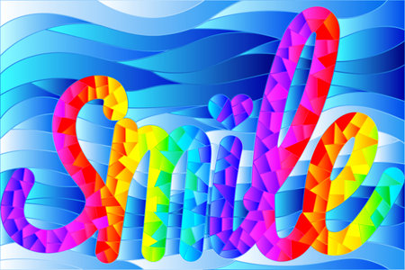 An illustration in the style of a stained glass window with a mosaic rainbow image of the word smile on an abstract blue backgroundのイラスト素材