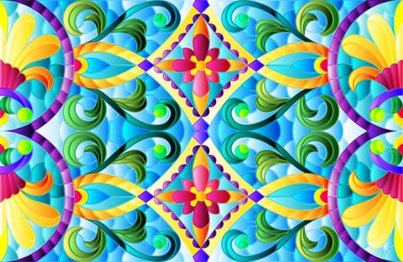 Illustration in stained glass style with abstract flowers, leaves and curls on a blue background, rectangular horizontal imageのイラスト素材