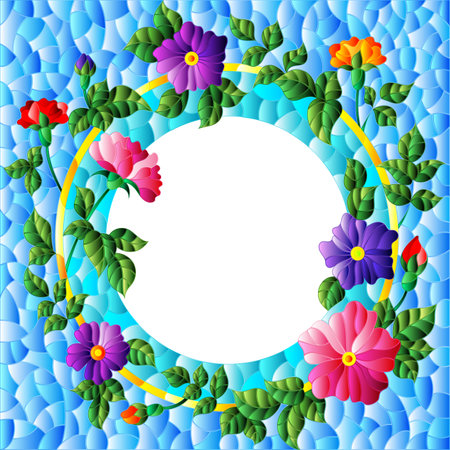 Illustration in the stained glass style with a frame with bright flowers on a blue background, rectangle imageのイラスト素材
