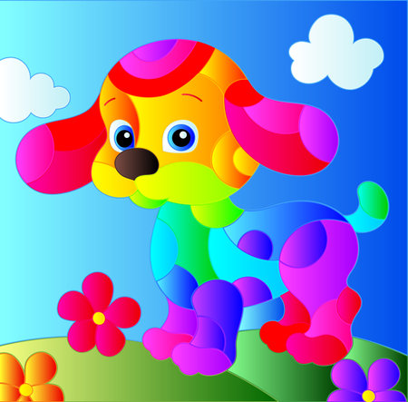An illustration in the style of a stained glass window with a cute puppy on a background of sky, meadows and flowers, in a bright frameのイラスト素材